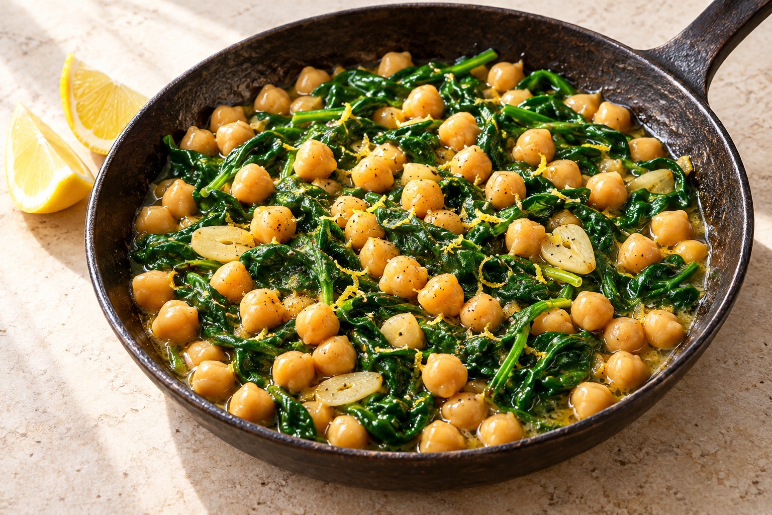 Golden chickpeas and wilted spinach in a dark skillet, with lemon wedges on the side.
