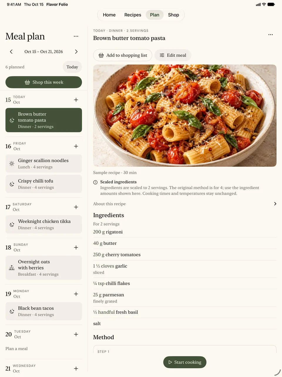 iPad meal plan with the seven-day agenda beside the selected recipe