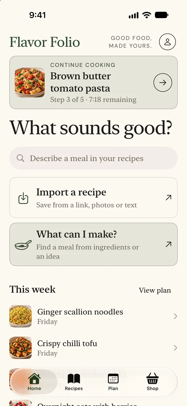 Home with a Continue cooking card and this week's meal plan