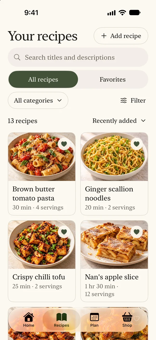 Your recipes in Flavor Folio, with favorites and a photo grid