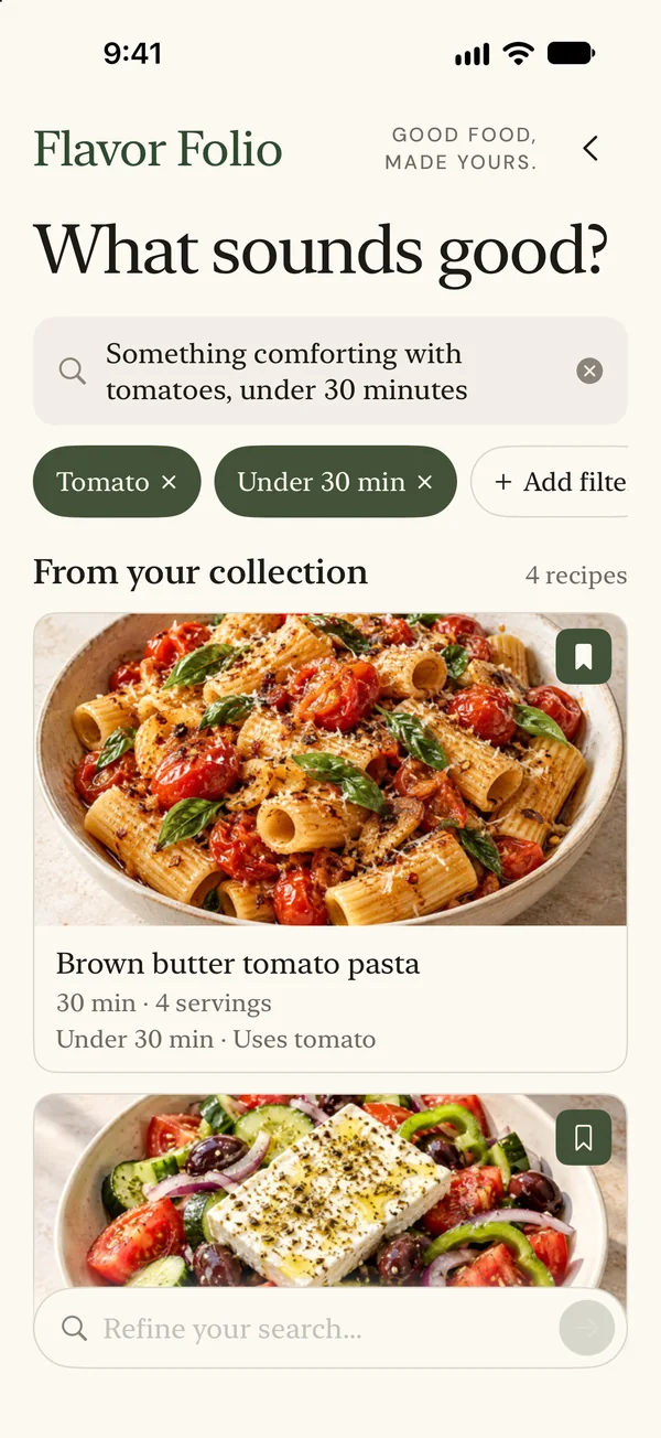 Saved-recipe search with visible refinements