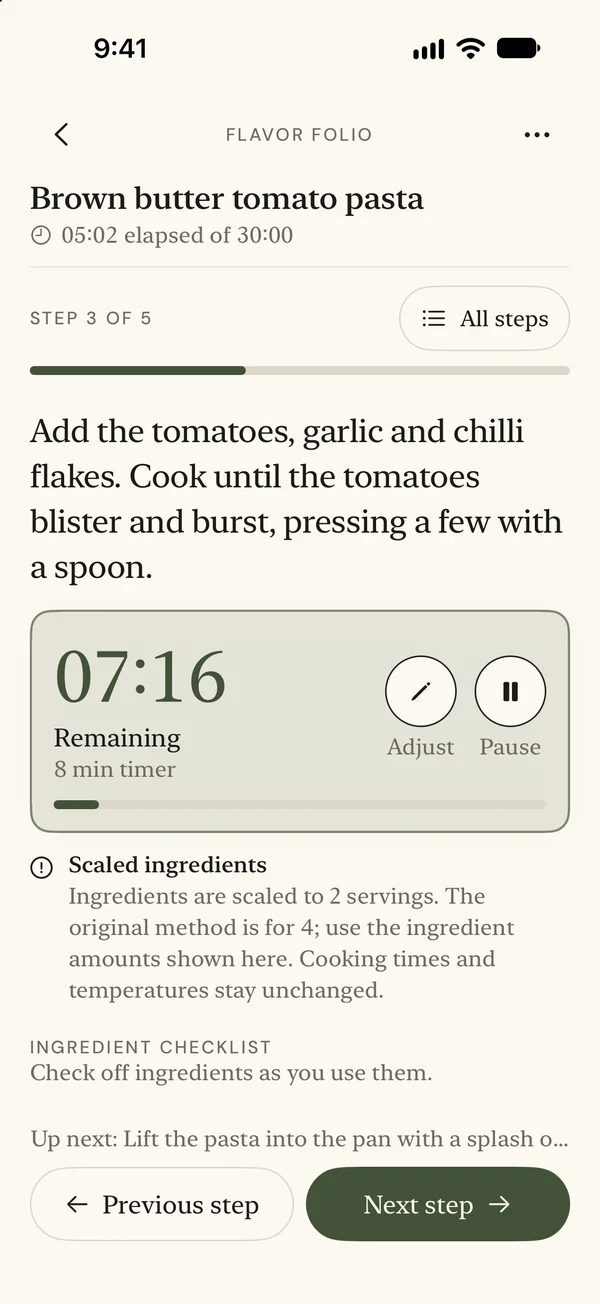 Cooking mode with the current instruction and an adjustable timer