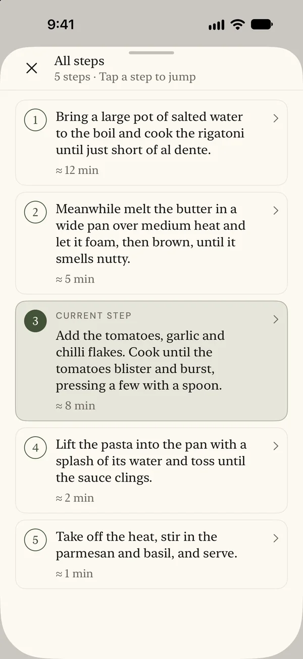 Full method with the current cooking step marked