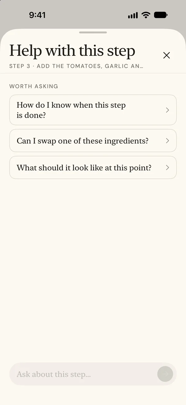 Suggested questions about a cooking step