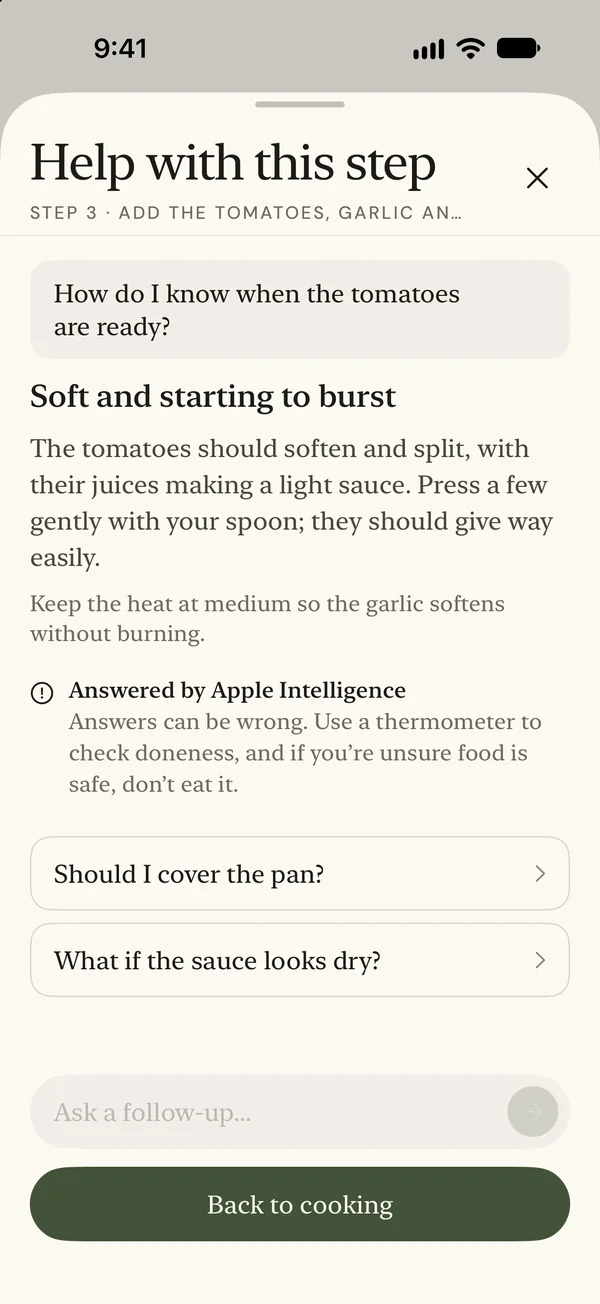 Example answer to a typed question about the current cooking step