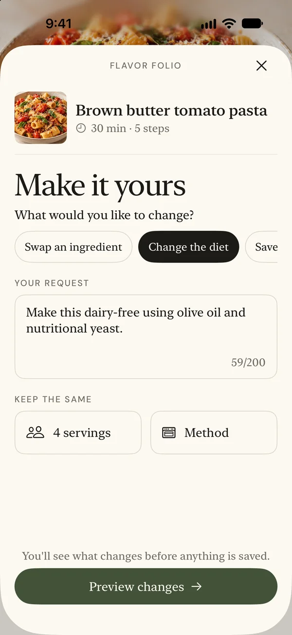 Request a recipe variation and choose what to keep