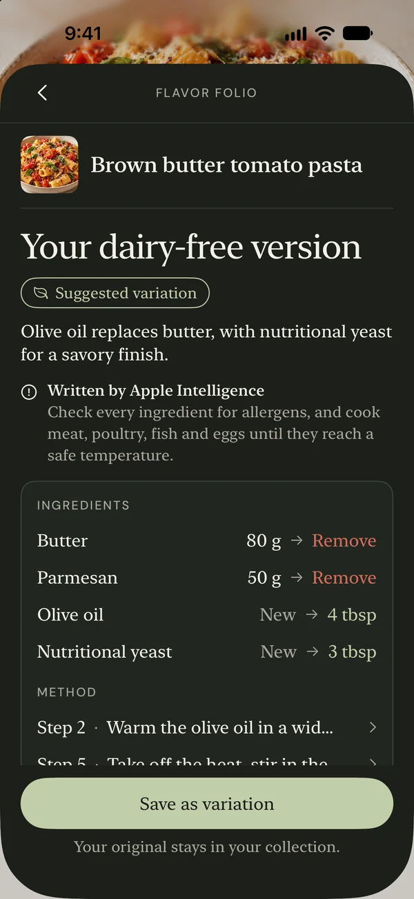 Example preview comparing ingredients, method, and time