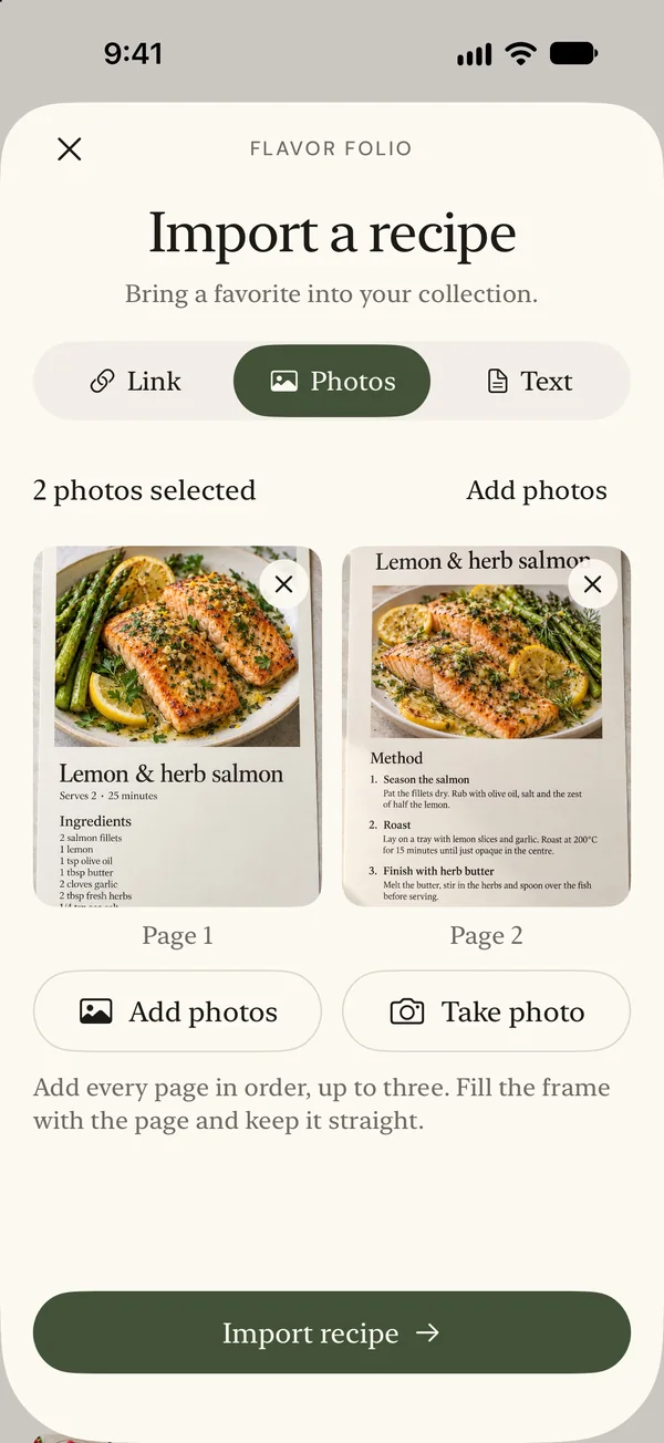 Import up to three photos of recipe pages