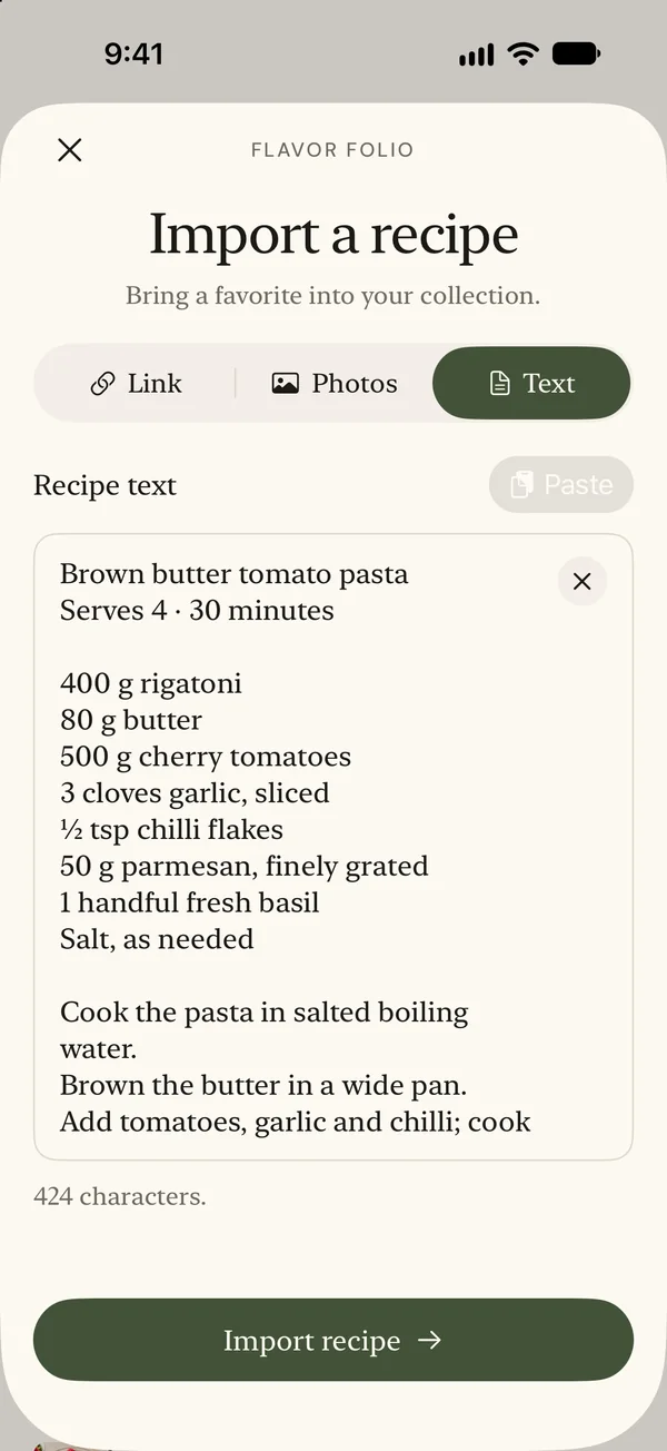 Import a recipe from typed or pasted text
