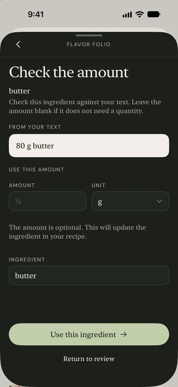 Correct an ingredient amount using captured source text