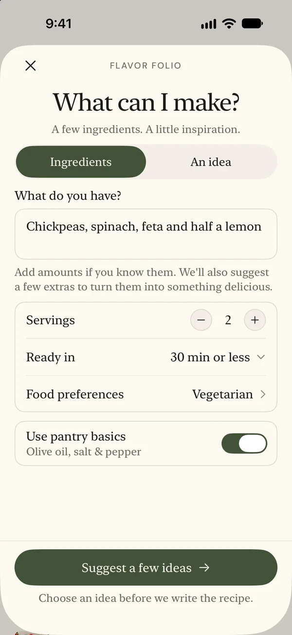 Ingredients and preferences for meal ideas