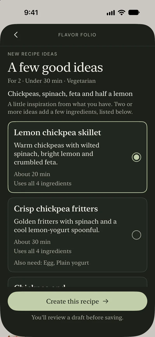 Three example meal ideas with additional ingredients listed