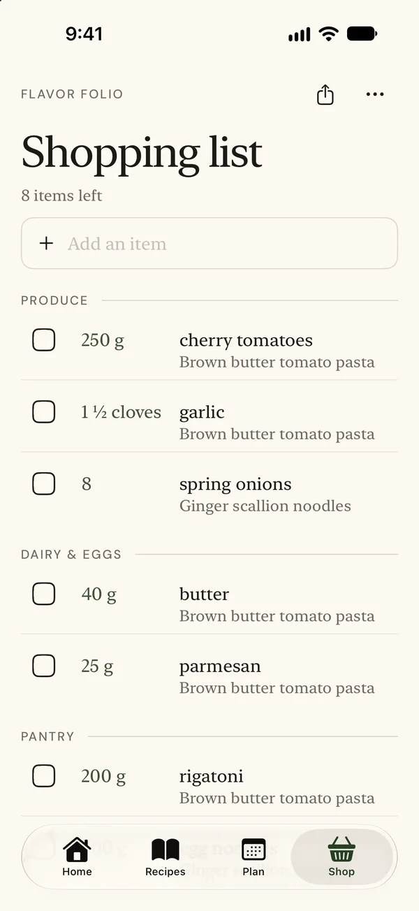 Shopping list grouped by store section