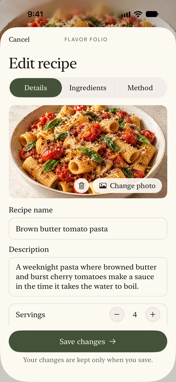 Recipe editor with details and a dish photo