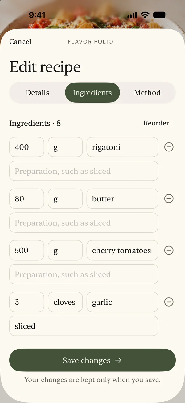 Recipe editor with ingredient amounts and units