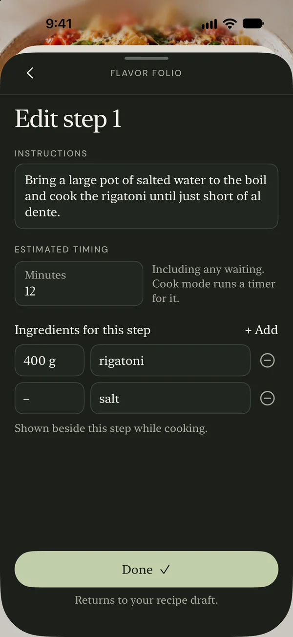 Step editor with timing and linked ingredients