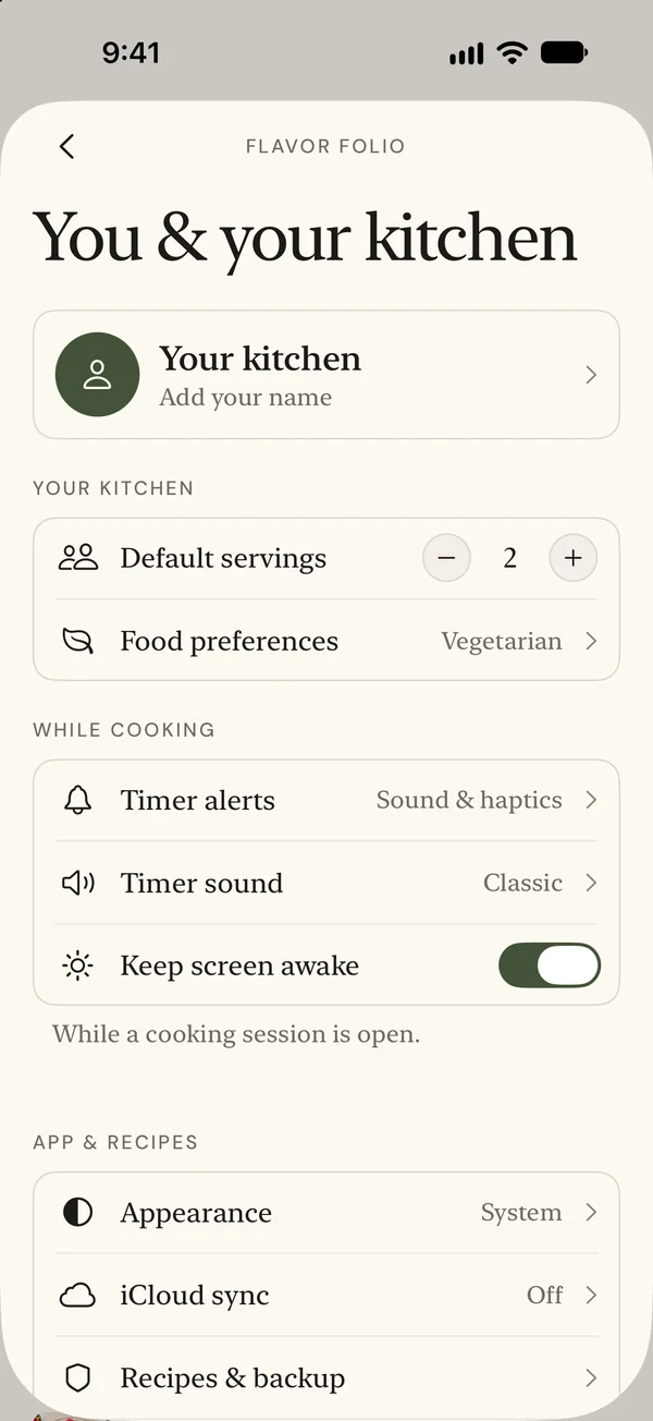 Current kitchen settings with appearance and preference controls