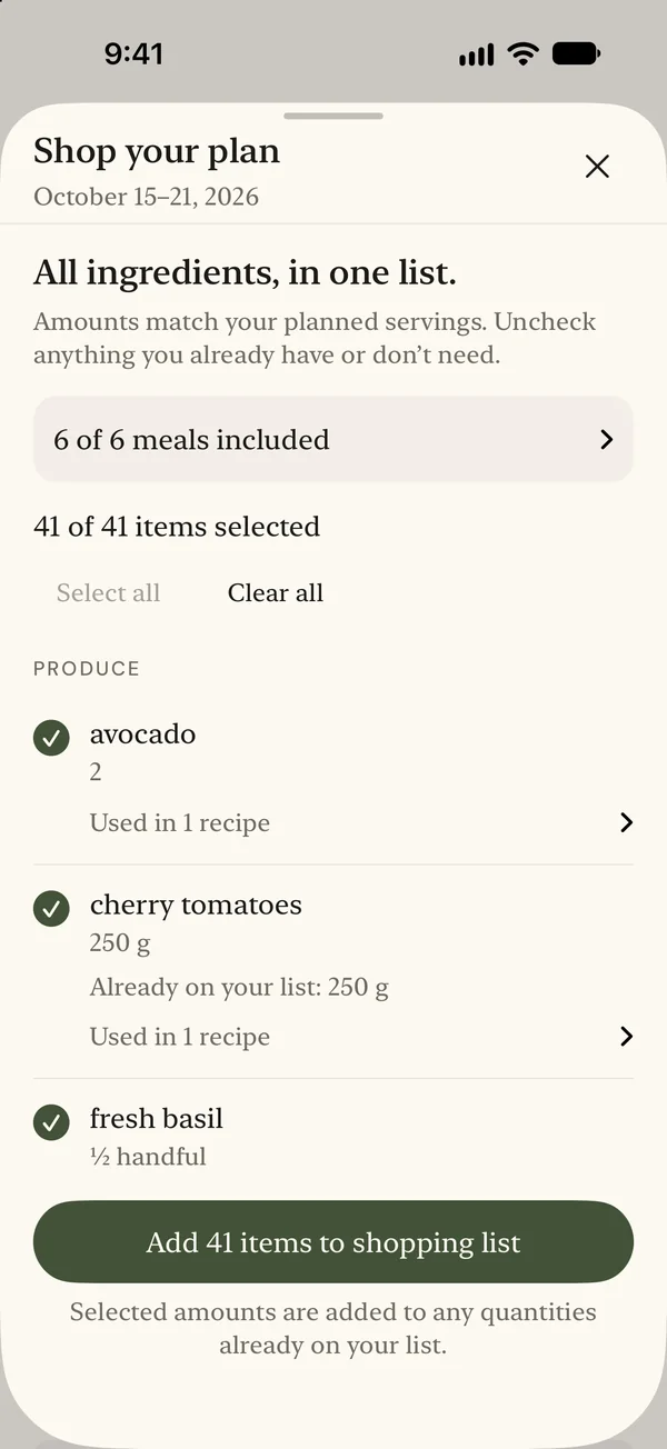 Review ingredients from the displayed meal plan