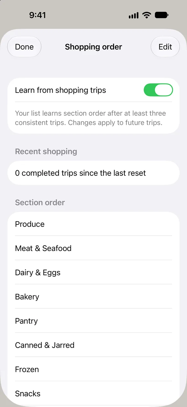 Shopping section order and learning controls