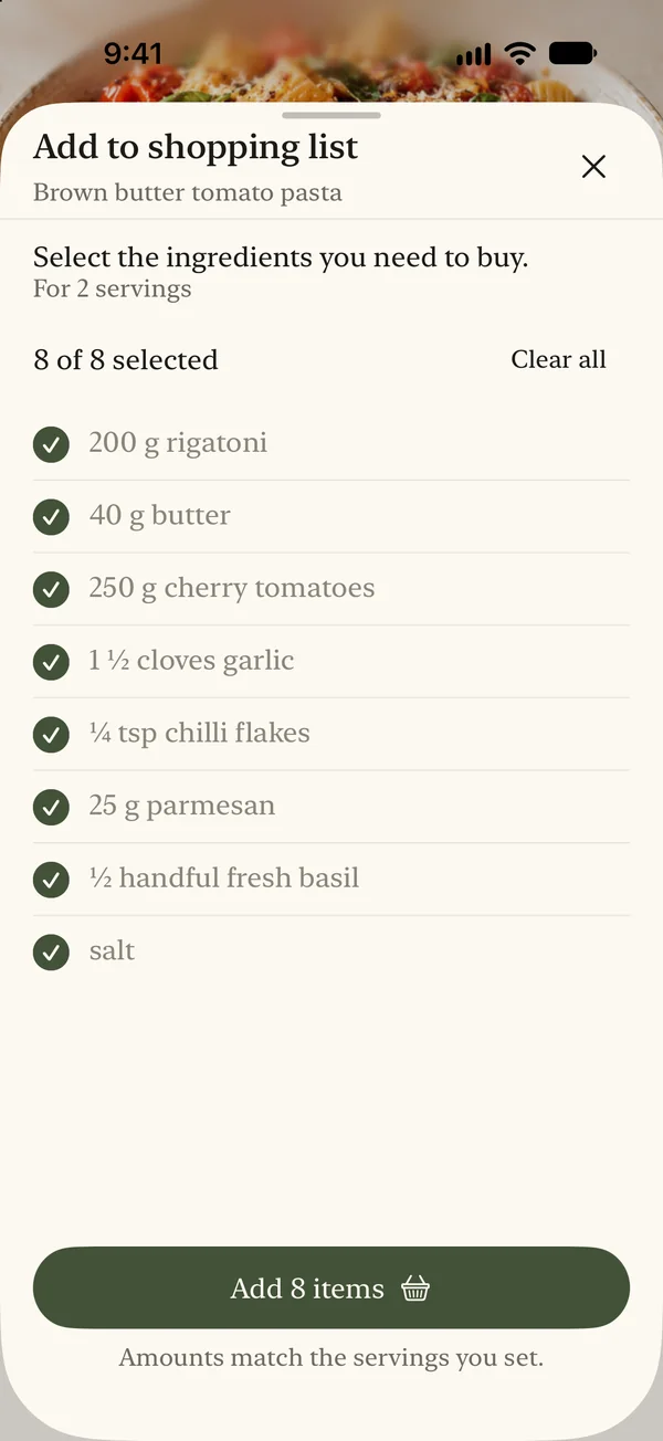 Choose ingredients to buy