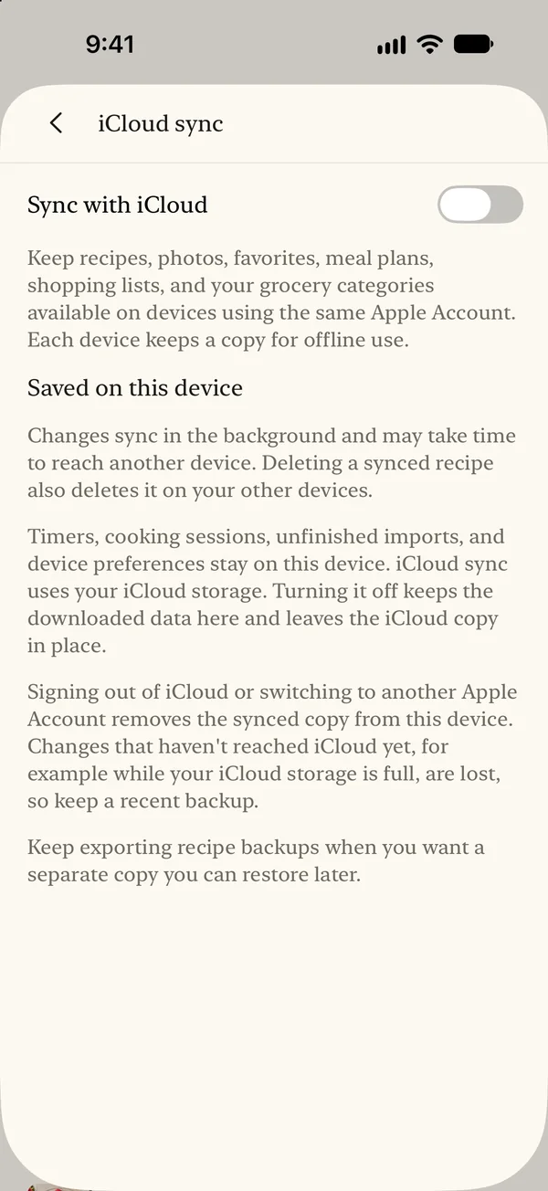 iCloud synchronization settings shown with sync off
