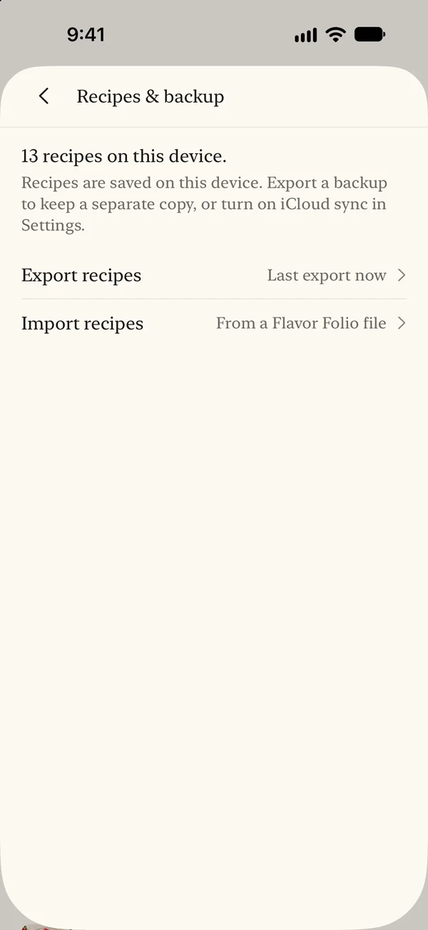 Recipes and backup settings with export and import controls