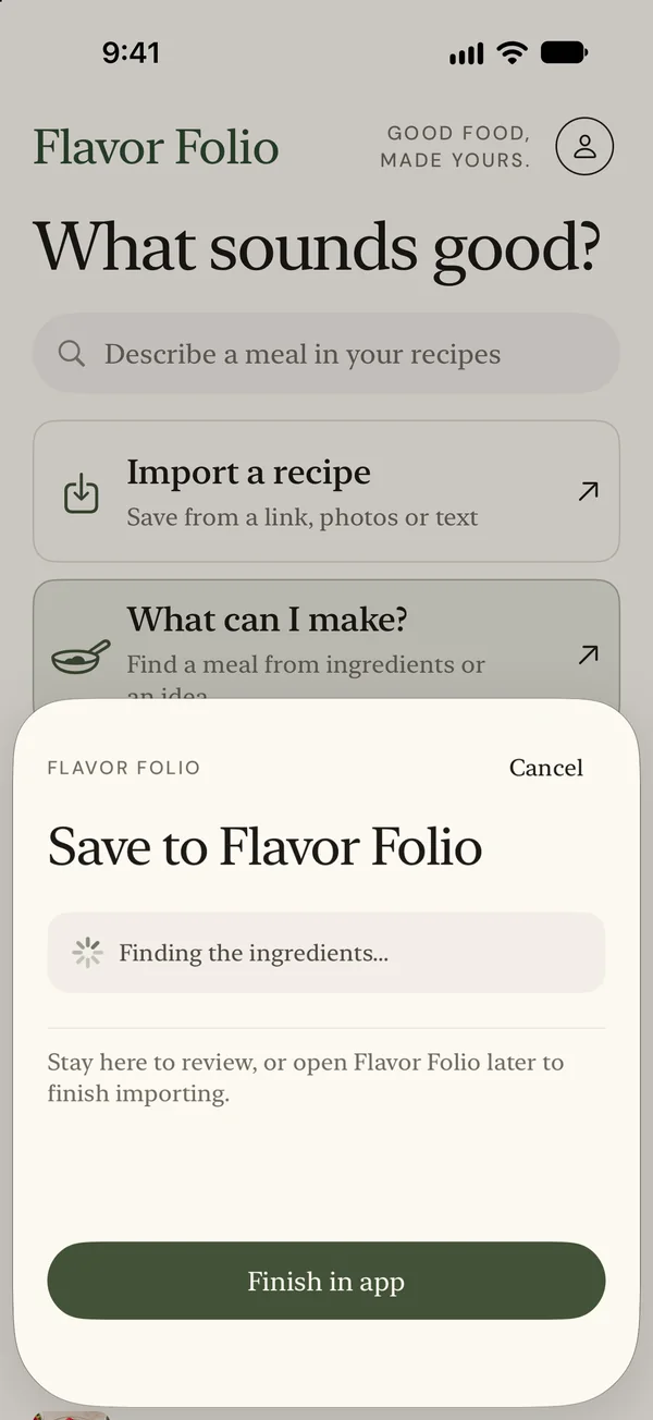 Staged share-extension handoff offering Finish in app