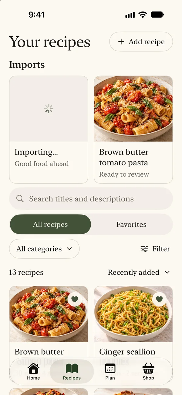 Example pending imports and ready-to-review drafts on Home