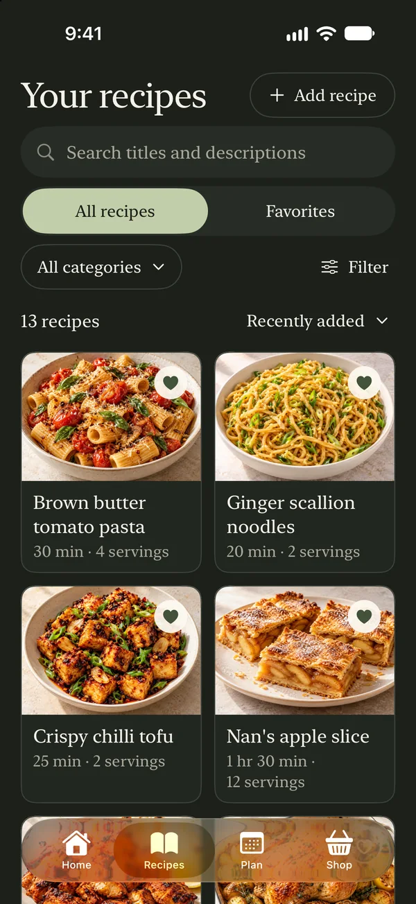 Recipe collection in dark appearance